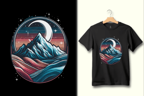 Stylized Retro Mountain Nightscape Circle Design
